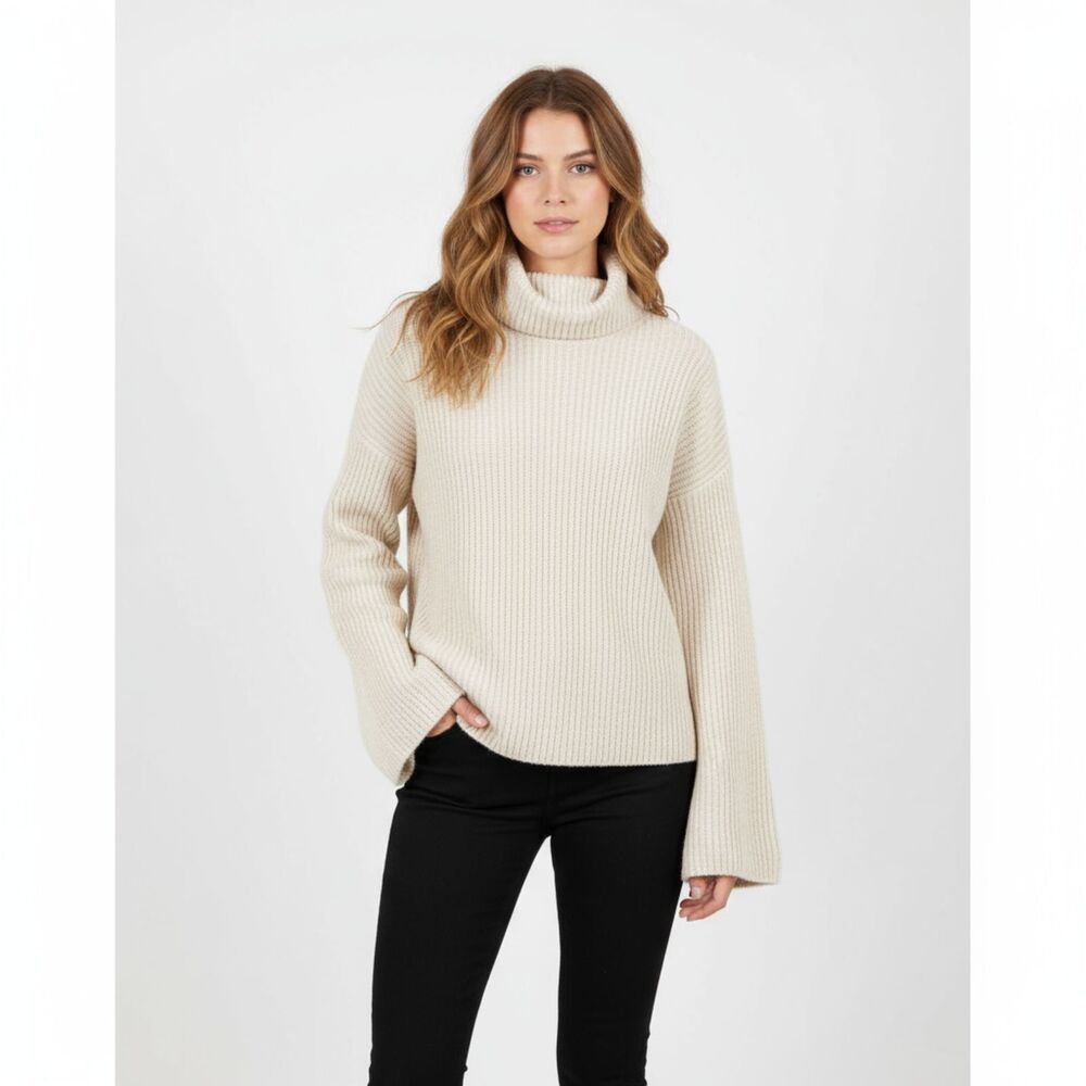 Emanuel Ungaro Ivory Ribbed Knit Long Sleeve Turtleneck Sweater L